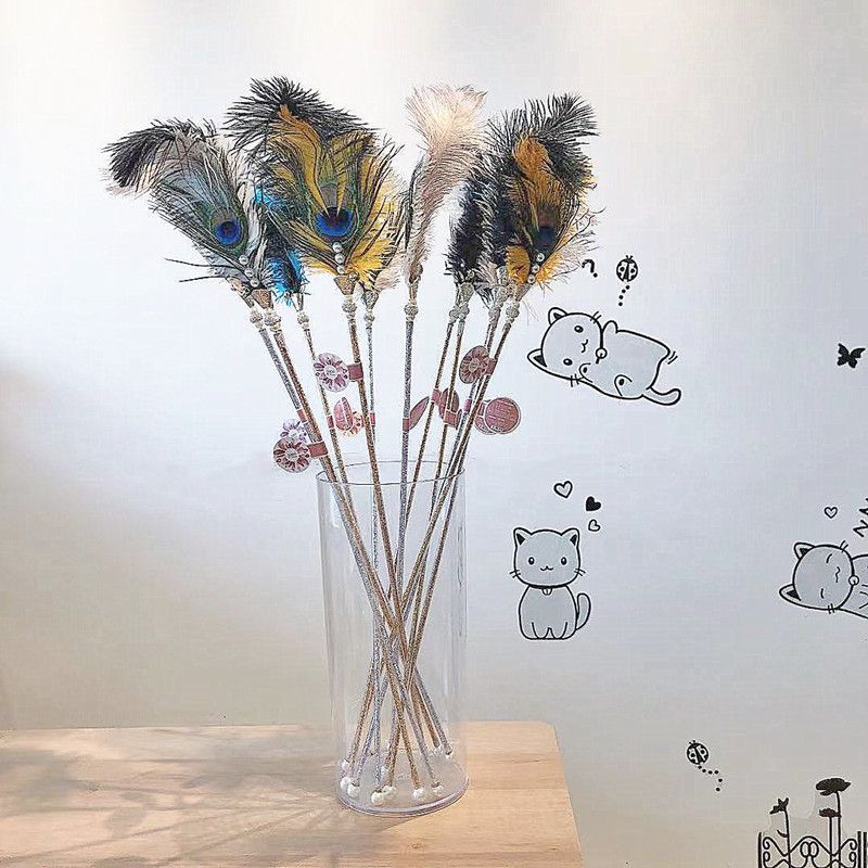 New Wand Ostrich + Peacock Feather Teasing Cat Toy Interactive With Bell Pet Supplies_voghion.com
