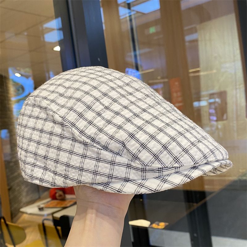 Spring And Summer Street Style Artistic Reversible Painter Hat For Women Plaid Duckbill Cap Face Slimming Beret_voghion.com