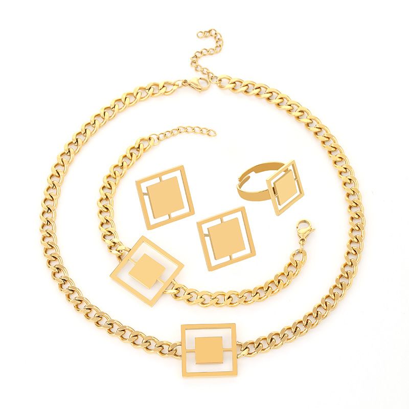 Titanium Steel Geometric Hollow Square Earrings Ring Cuban Necklace Bracelet Niche Design Sense Non-Fading Jewelry Set_voghion.com