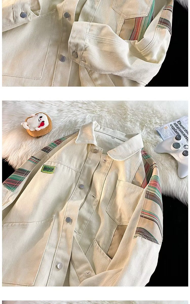 Jeanshemdjacke im Hongkong-Stil für Herren – Übergroßer Vintage-Mantel zum Knöpfen mit Kontrastbesatz und schrägem Saum_voghion.com