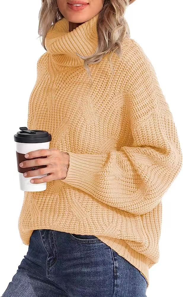 Pull tricoté à col roulé et manches longues pour femme, ample, à la mode_voghion.com