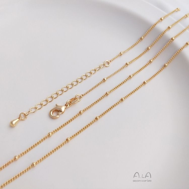 Color preserving JF14K steel stamped real gold finished necklace flat O spacer bead chain water drop extension chain 45 cm clavicle necklace_voghion.com