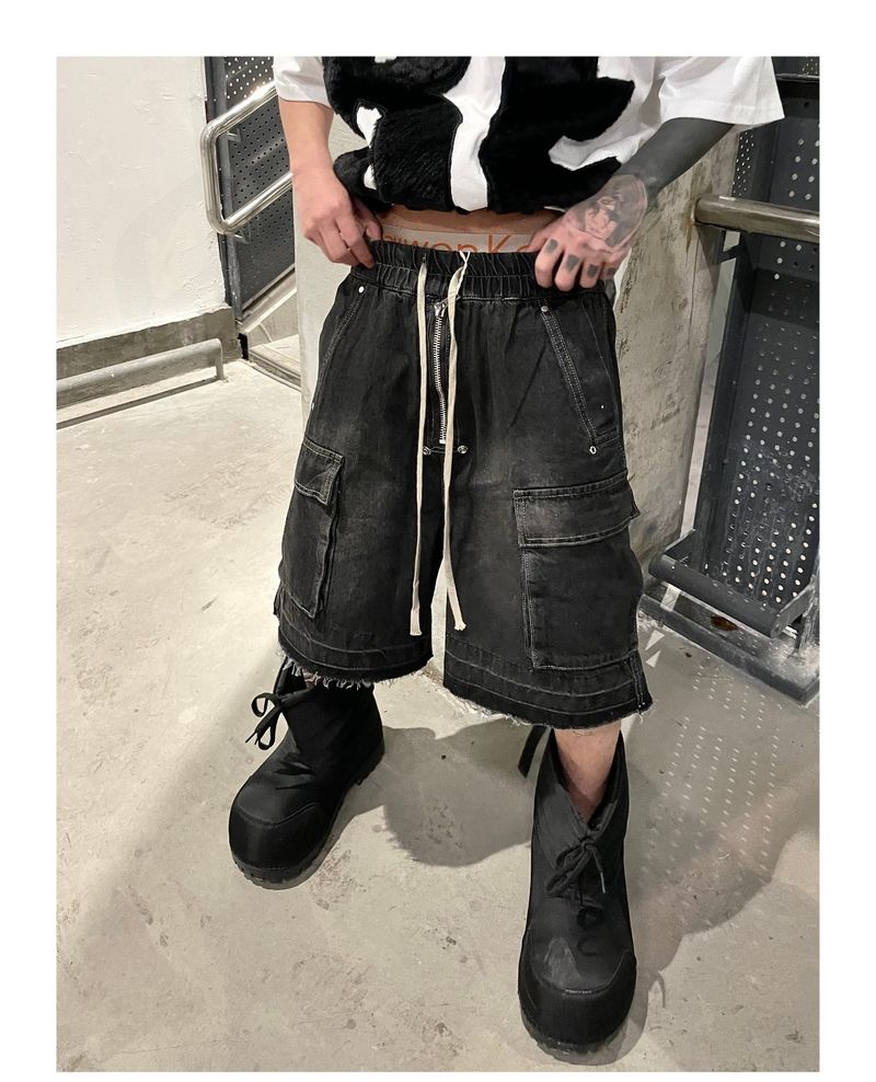 Men's Clothing High Street Washed Distressed Ash Multi Pocket Straight Shorts Drawstring Raw Edge Loose Denim Zipper Work Shorts_voghion.com
