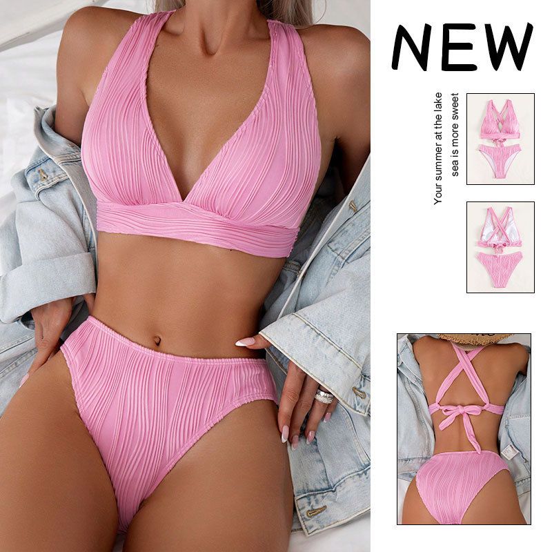 Maillot de bain deux pièces sexy à nouer et dos nu, couleur unie, pour femme, nouvelle collection été 2025_voghion.com
