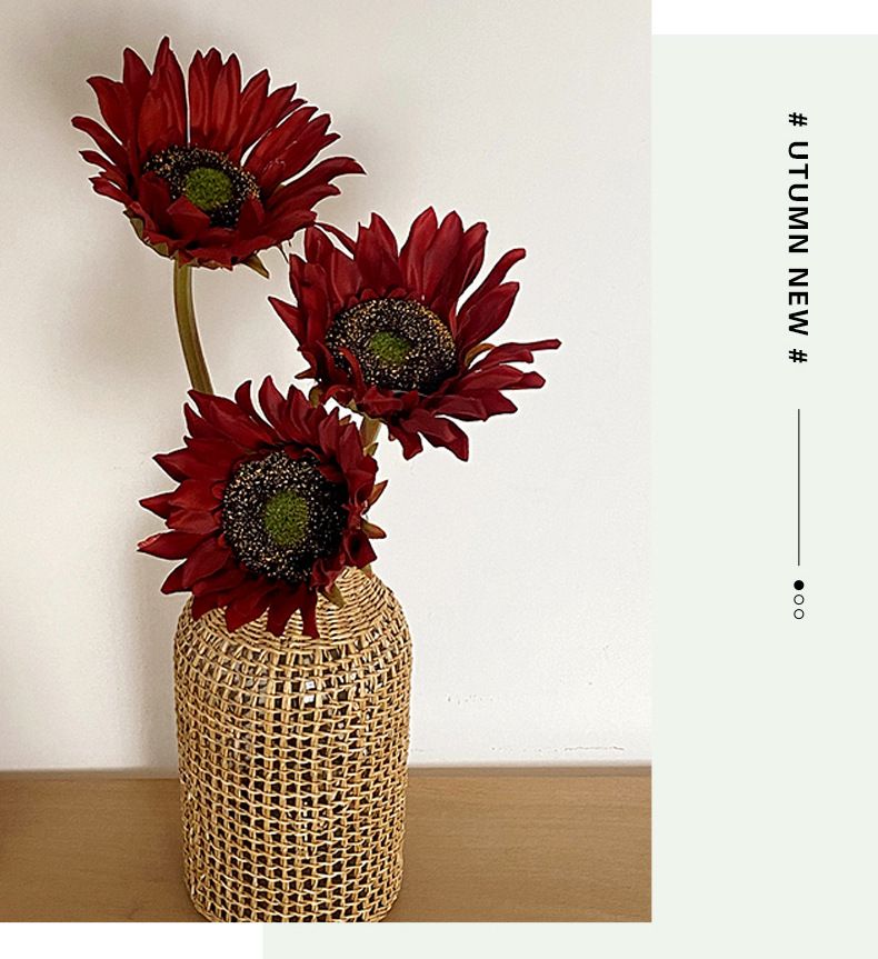 Tournesol artificiel à tige unique pour décoration intérieure, mariage et accessoires photo – Composition florale réaliste en soie rouge, bleu et blanc automnal._voghion.com