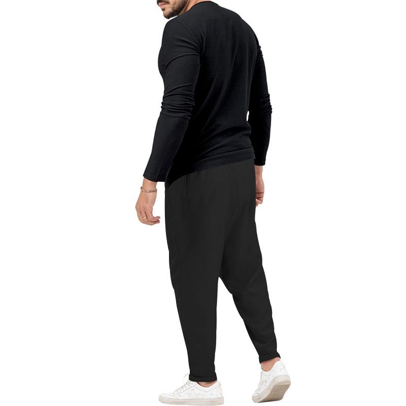 Men's solid color casual long-sleeved Henry T-shirt pantsuit_voghion.com