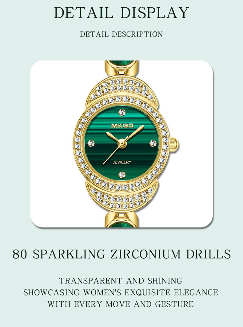 Elegante orologio da donna con bracciale decorato con pietre preziose verde pavone e diamanti - Movimento al quarzo giapponese, resistente all'acqua fino a 30 m, chiusura in acciaio inossidabile_voghion.com