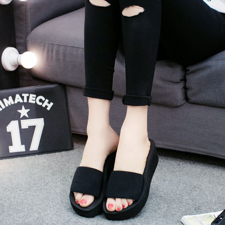2017 New Elastic Belt Flat Bottom Slope One Line Women's Cool And Slippery Cake Heel Slippers Summer_voghion.com