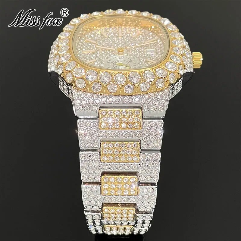 MISSFOX Ceasuri Bărbați Automatic Data Fashion Hip Hop Iced Diamond Bling Waterproof Gold Quartz Wrist Watch Mans Reloj 2023_voghion.com