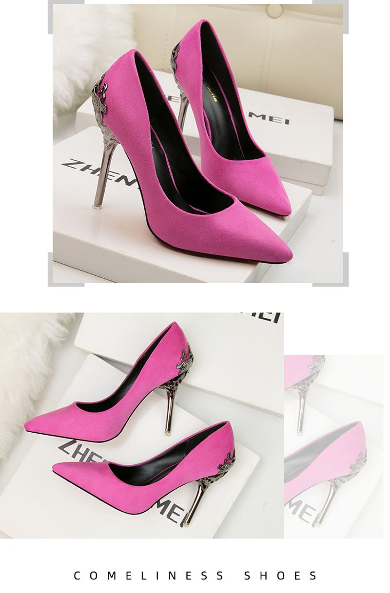 p9Koreanischer Stil spitzer Zeh einzelne Frauen Hochzeit rote Brautschuhe Metall hohl Wildleder Stiletto High Heels_voghion.com