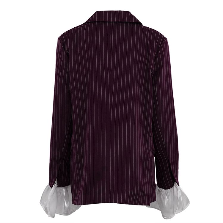 Giacca da abito a righe da donna, elegante blazer a righe con maniche a campana in pizzo – Giacca casual ampia per primavera/autunno in rosso vino_voghion.com