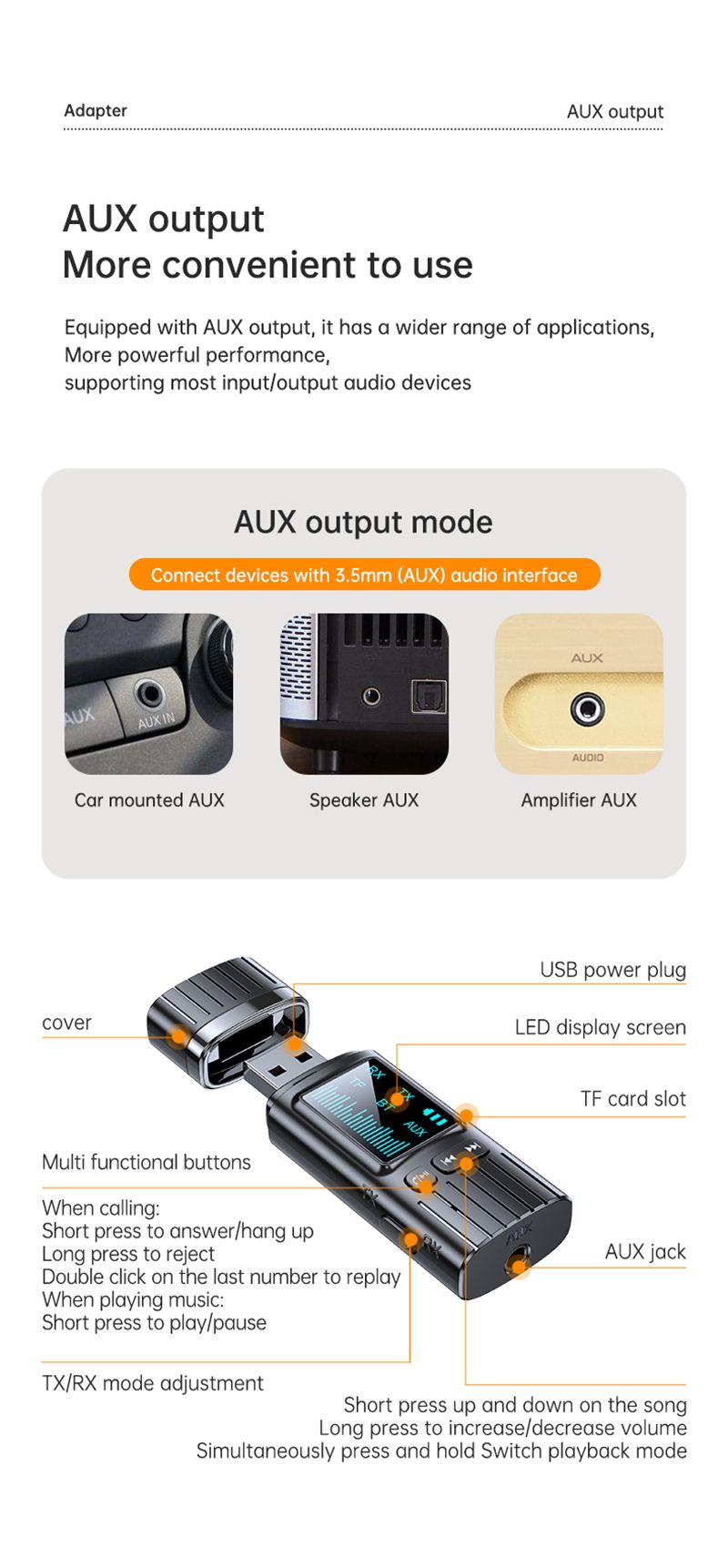 Adattatore 2 in 1 Trasmettitore audio 5.4 LED 3.5mm Aux USB Bluetooth per TV Auto Ricevitore wireless Plug and Play_voghion.com