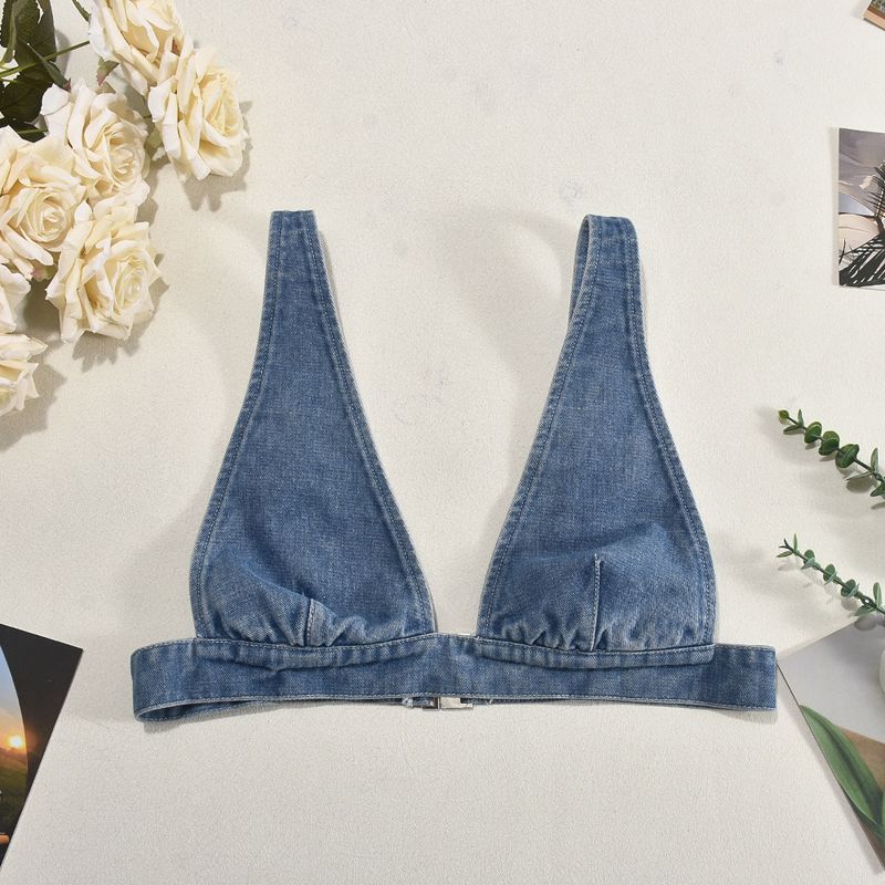 Women's Clothing Summer New Denim Washed Sexy Vest Back Buckle Top_voghion.com