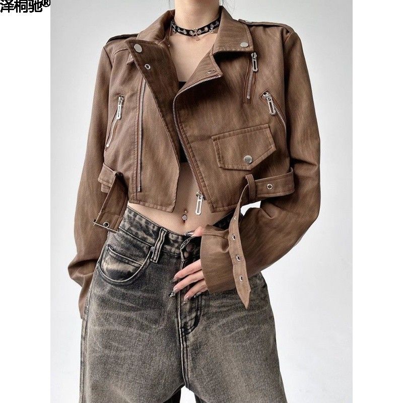 Manteau femme automne élégant sensation haut de gamme 2024 nouvelle veste moto en cuir ample haut court_voghion.com