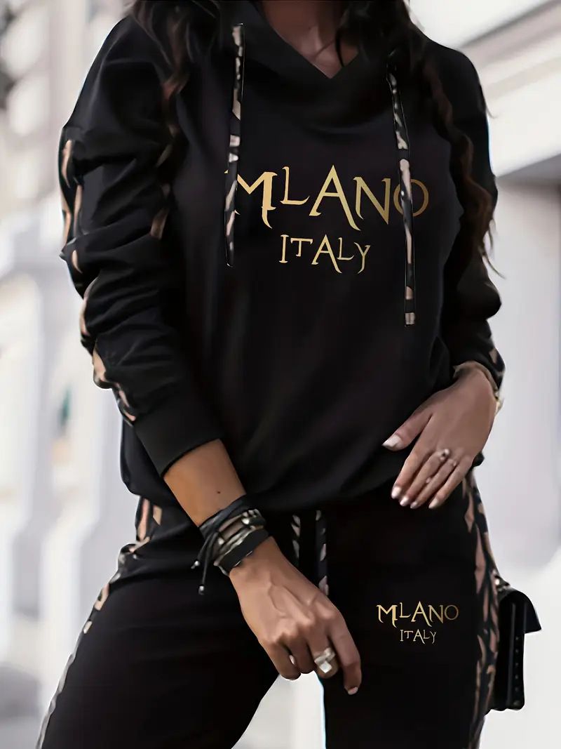 Conjunto de moletom com capuz feminino solto – Conjunto de moletom casual com estampa de letras (preto/branco, P-XXL, outono/inverno)_voghion.com