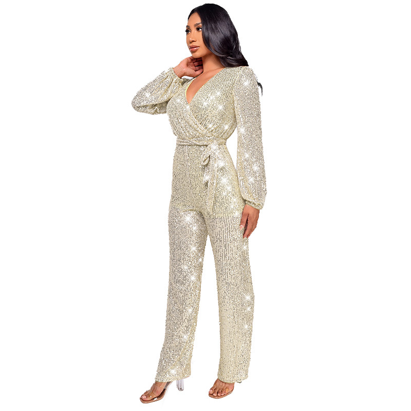 Damkläder Ins Style Deep V Mode Casual Jumpsuit Långärmat Bälte Paljett Jumpsuit Dam_voghion.com