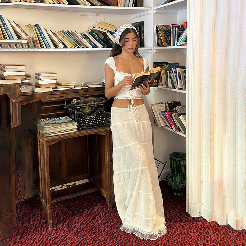 nuovo top con bretelle e scollo quadrato francese da donna con gonna in pizzo patchwork stile festa vestito per donna_voghion.com