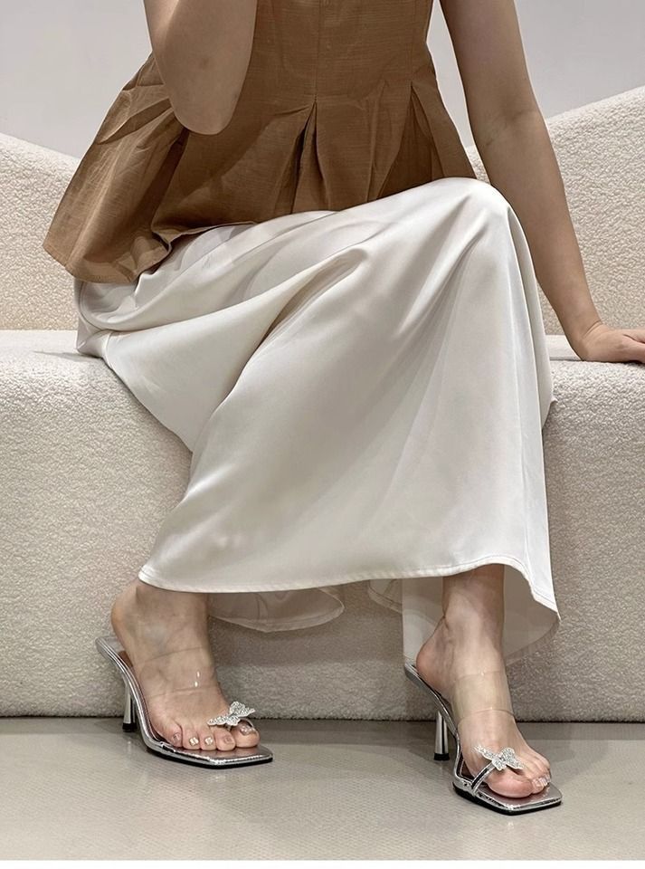 Fairy Square Toe Set With Fine Heels, Wearing Slippers For Women In Summer 2025. Water Diamond Butterfly Transparent_voghion.com