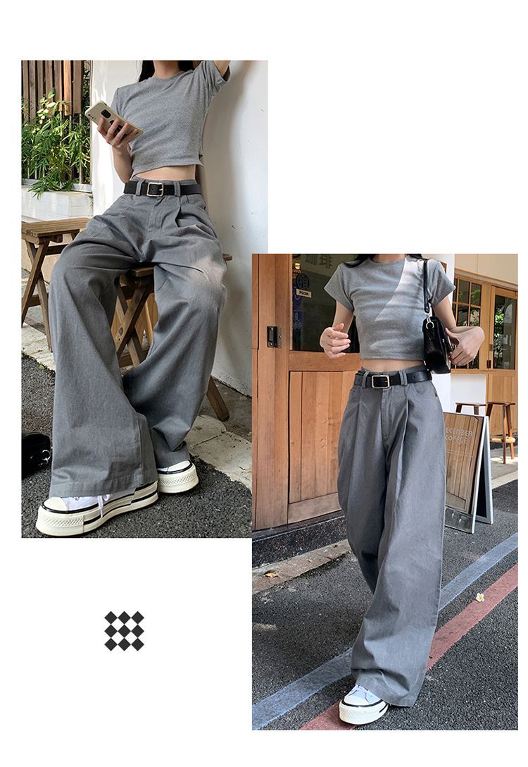 Plus Size American Style Gray Wide-Leg Jeans For Women, Autumn High-Waisted Straight Loose Casual Design Floor-Length_voghion.com