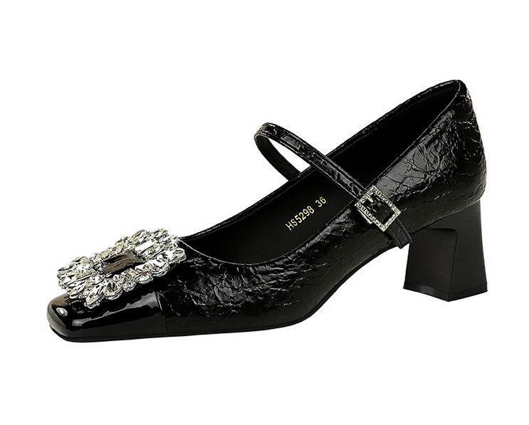 Damenschuhe Mary Jane Crack Stitching Commuter High Heels Mittlerer Absatz Dicker Absatz Quadratischer Kopf Einzelschuhe_voghion.com