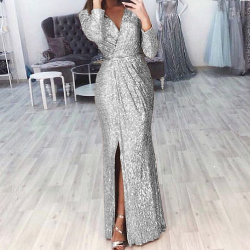 Saia longa feminina vestido de noite profundo decote em v vestido brilhante vestido sexy para jantar_voghion.com