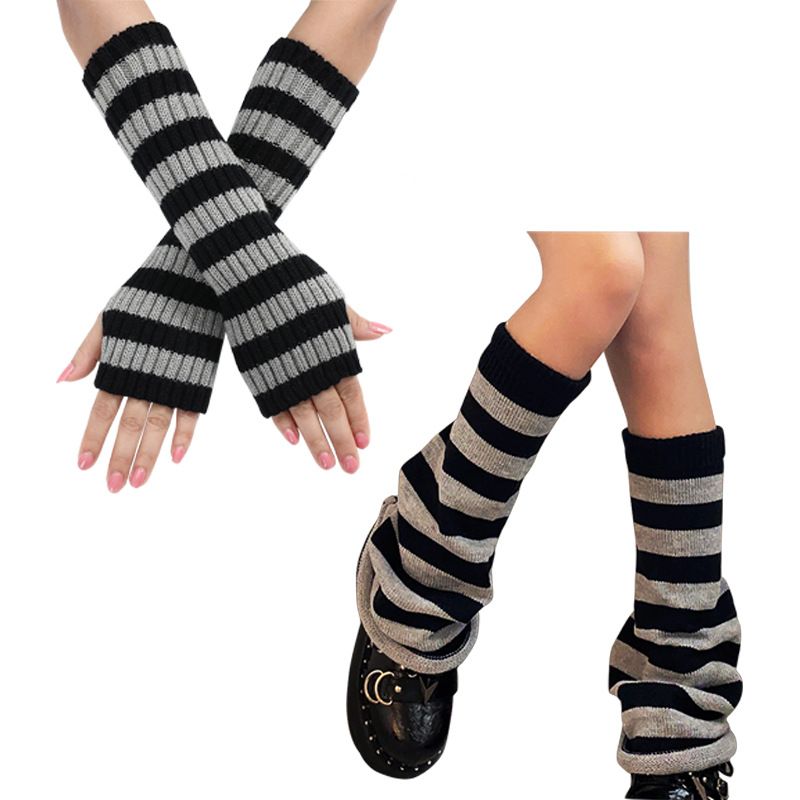 Long Striped Gloves New Autumn And Winter Wool Sleeves Men And Women Medium Length Knitted Warm Fingerless Sleeves_voghion.com