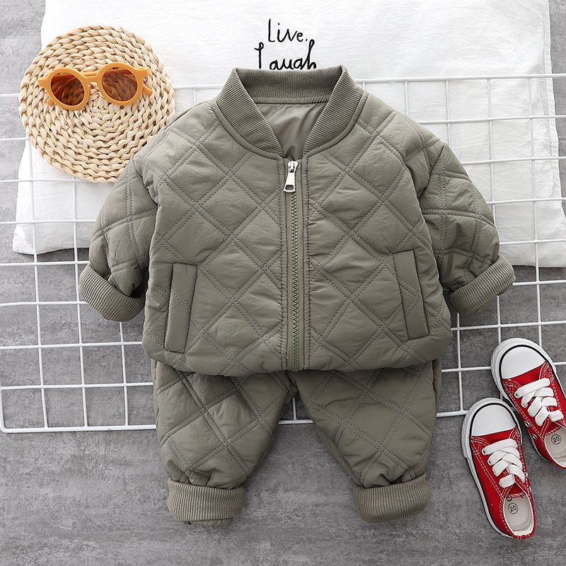 Boys Plush Suit Winter Thickened 2022 Winter Children Baby Plaid Zipper Cotton Suit Two Piece Set Autumn And Winter_voghion.com