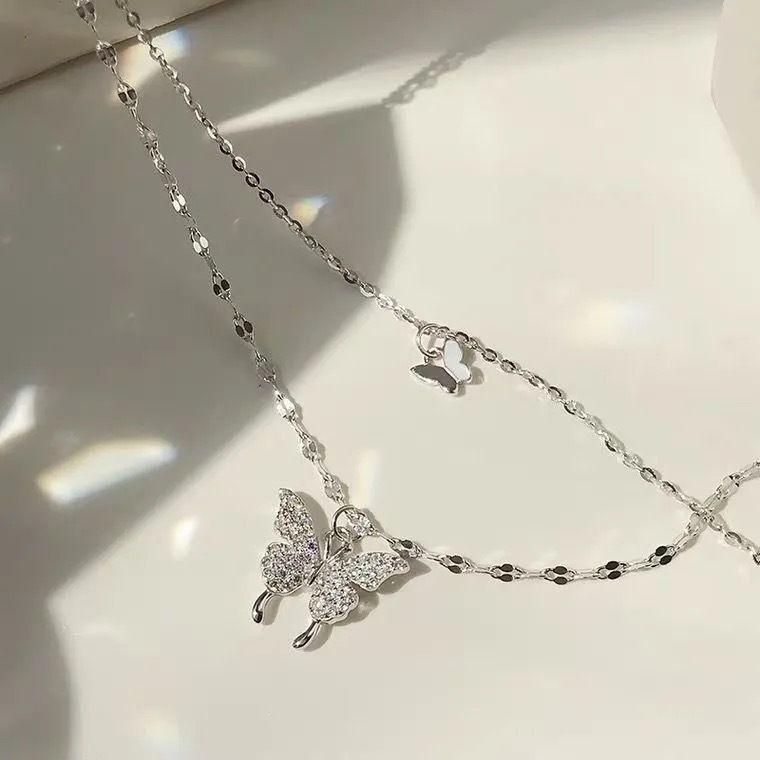 Instagram Cool Wind Butterfly Double Layer Necklace, Colorless Trendy Collarbone Chain, Elegant Layered Neckchain,_voghion.com