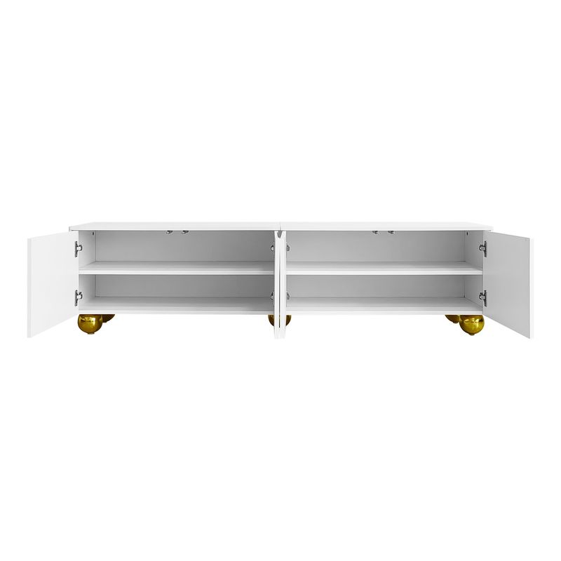 Meuble TV avec portes structurées, décorations dorées et pieds ronds, étagères réglables incluses, ouverture par pression_voghion.com