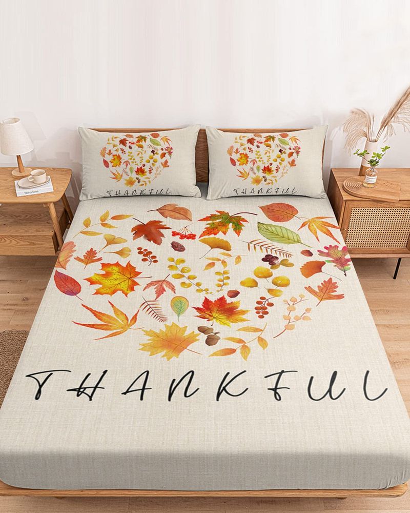 Dreiteiliges Spannbettlaken-Set mit herbstlichem Ahornblattmuster und Digitaldruck, randübergreifendes Spannbettlaken-Bettwäscheset für Erwachsene und Kinder_voghion.com