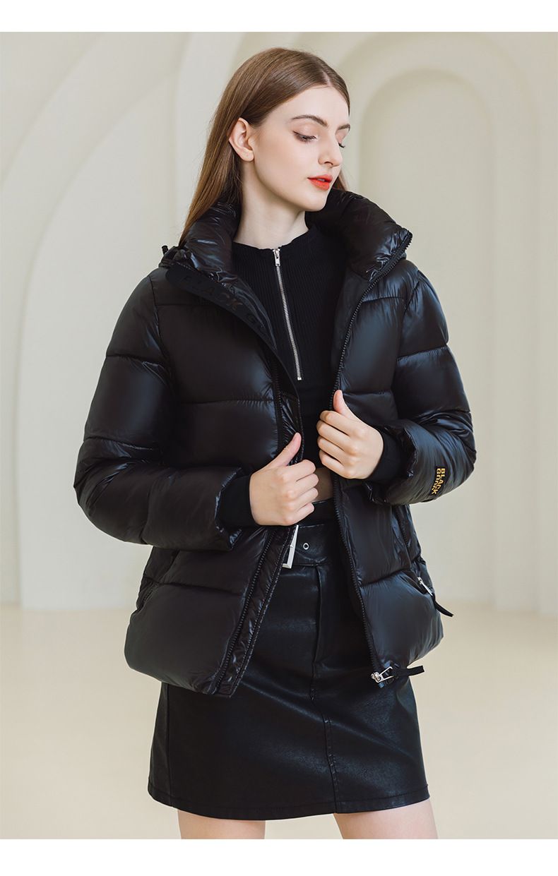 Dames zwarte goudkleurige gewatteerde jas met capuchon, korte winterjas, warme fleecevoering, losse pasvorm, dikke bovenkleding in grote maten_voghion.com
