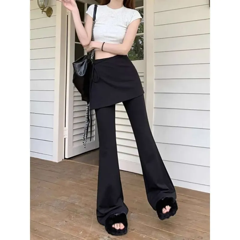 Black High-Waisted Summer Casual Women, Designed For A Slimming Effect, Loose Fit, Long Flared Pants, Bootcut Pants_voghion.com