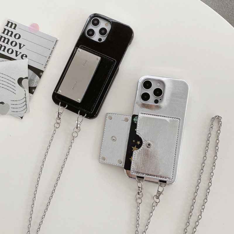 Mobile phone case suitable for iPhone15 mobile phone case Apple 14promax diagonal card holder silver wrinkle mobile phone_voghion.com