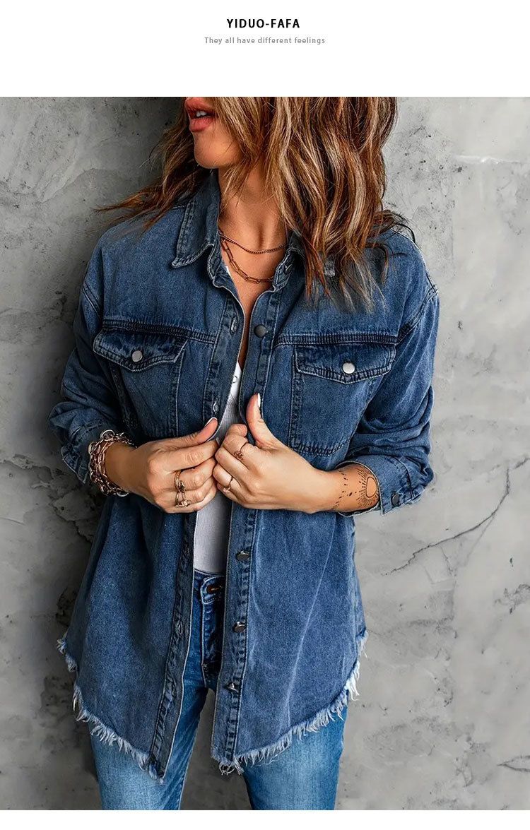 Giacca in denim di ispirazione vintage per donna - Top oversize in chambray blu anticato a maniche lunghe con orlo sfilacciato, essenziale per la stratificazione_voghion.com