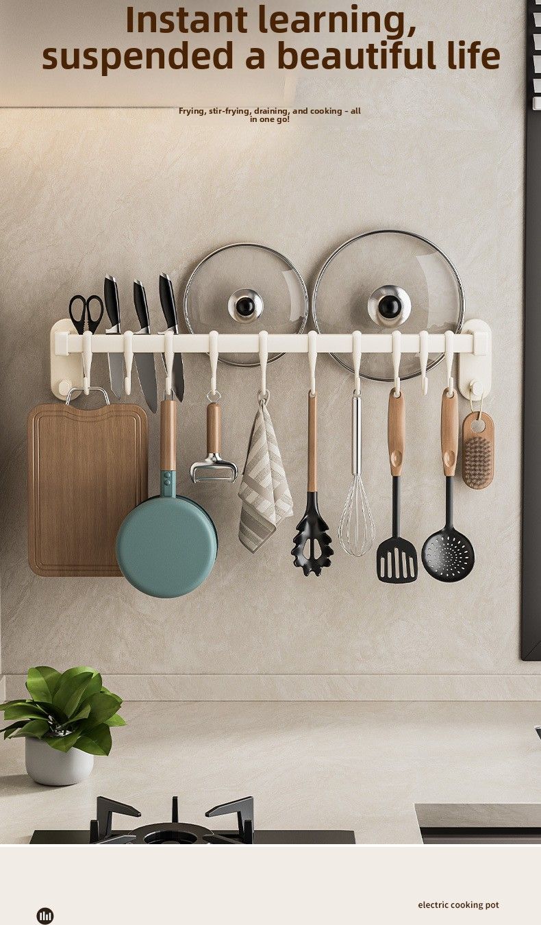 Kitchen No-Drill Hanging Rod Multi-Functional Storage Rack Spatulas And Spoons Wall-Mounted Organizer Hook For Cookware_voghion.com