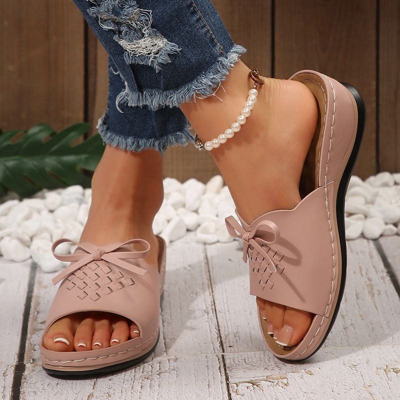 Women's Shoes Round Toe Sandals For Women With Stitching Wedge Heels And Bowknot Comfortable Large Size Sandals_voghion.com