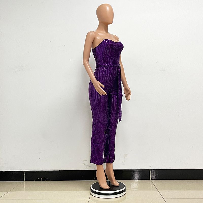 Dametøj Ærmeløs pailletterbæltejumpsuit ensfarvet tubetop rygløs jumpsuit_voghion.com