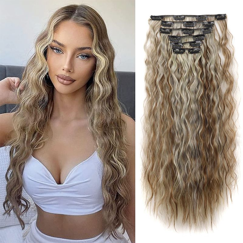 24 Zoll Ombre-Farbclips in Haarverlängerungen, 6 Stück/Set, 16 Clips für Frauen, glattes synthetisches Haarteil, Clips auf Haarverlängerungen_voghion.com