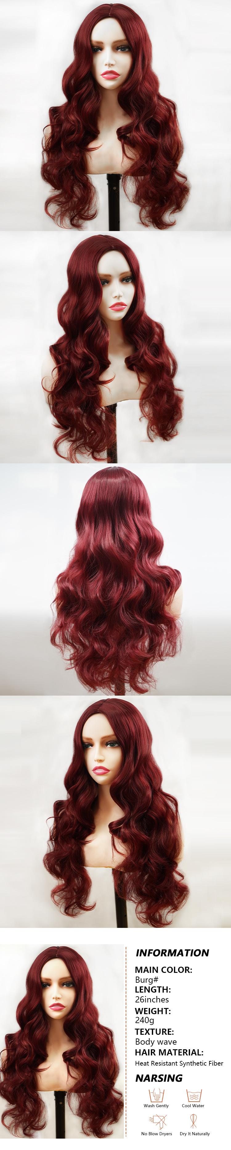 Parrucca sintetica da donna, colore rosso vino, corpo, onda larga, capelli lunghi ricci, copricapo_voghion.com