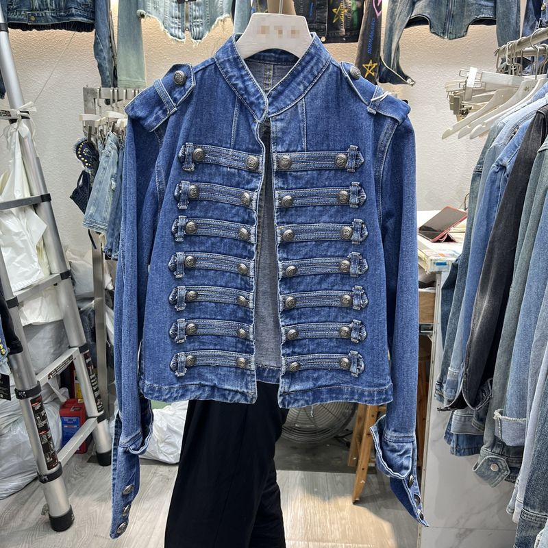 Vêtements pour femmes, style palais rétro, haut boutonné à manches longues, mode printemps et automne, col montant, veste courte en jean_voghion.com