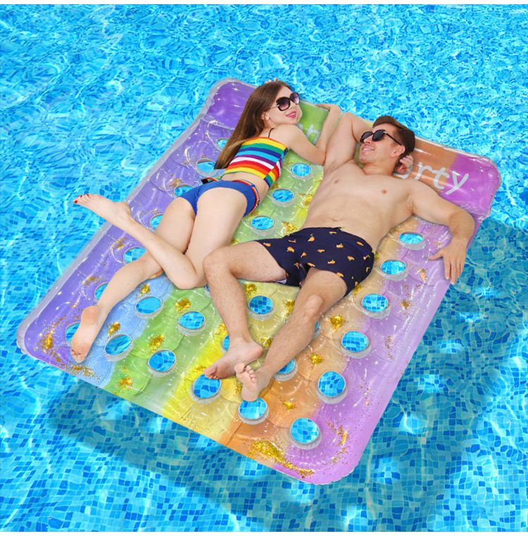 Chaise longue gonflable double dégradé arc-en-ciel – Maille pailletée et oreiller rembourré (PVC écologique 200 cm, robuste pour piscine et plage)_voghion.com