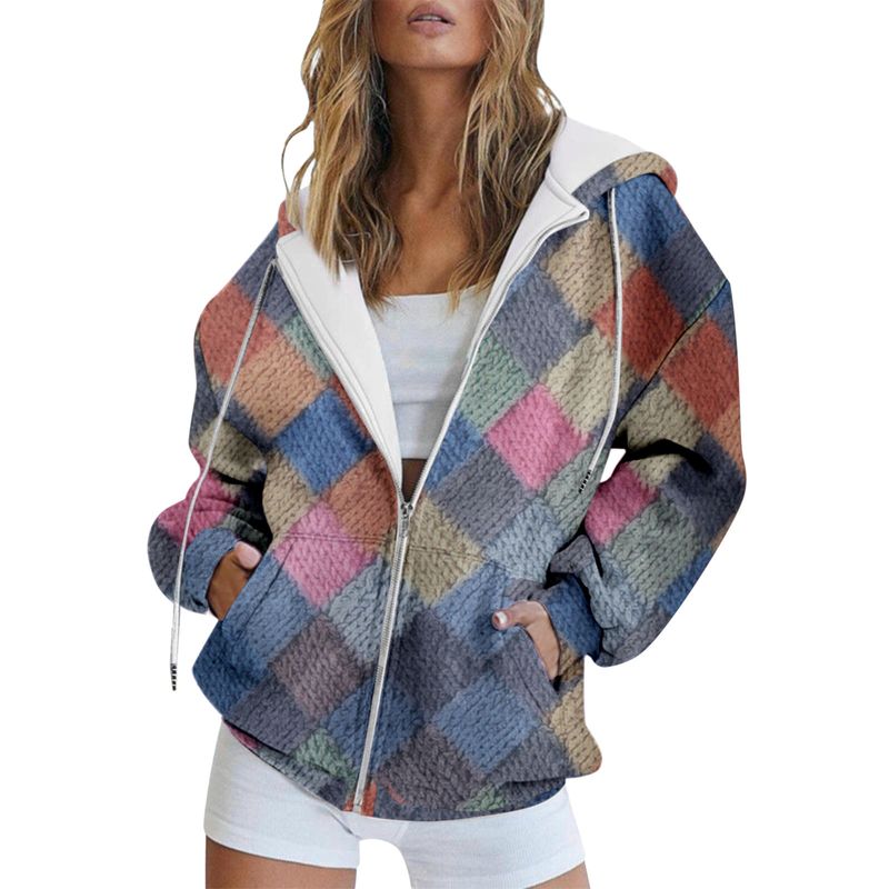 Frühling und Herbst, neues buntes kariertes Reißverschluss-Kapuzenpullover-Sweatshirt für Frauen mit 3D-Digital-Casual-Print_voghion.com
