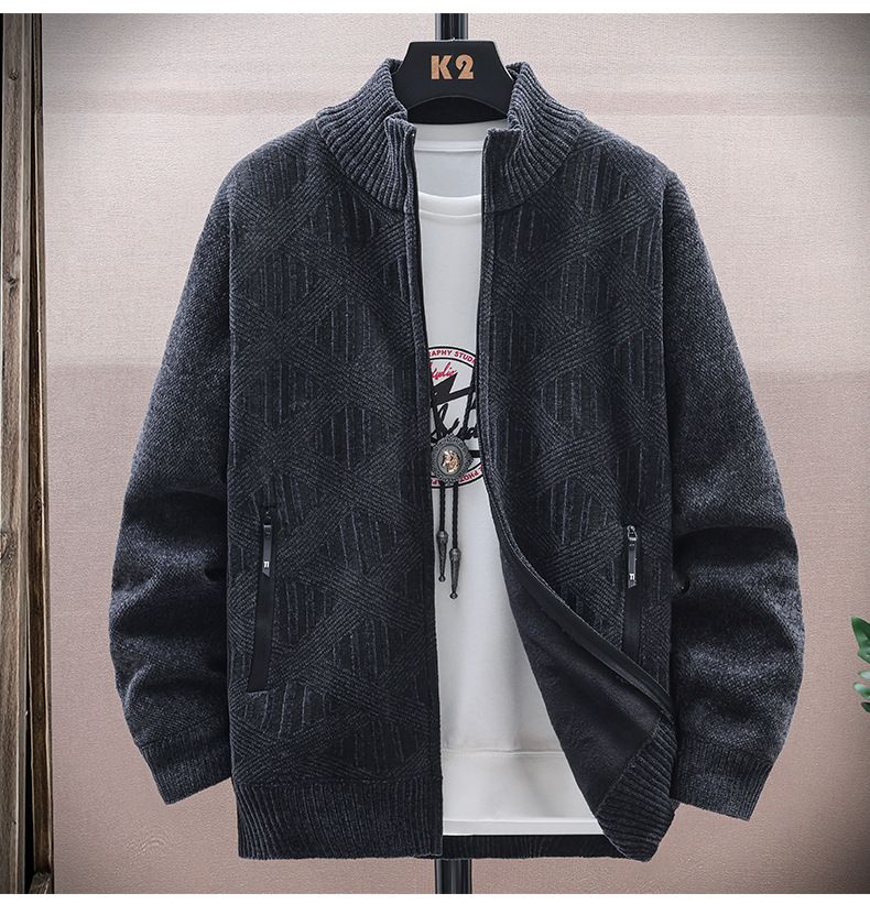 Herrenbekleidung Plus Samt-Strickjacke mit Fleecefutter – Hochwertiger modischer Pullover mit Stehkragen und All-in-One-Fleece für Wärme und Stil_voghion.com