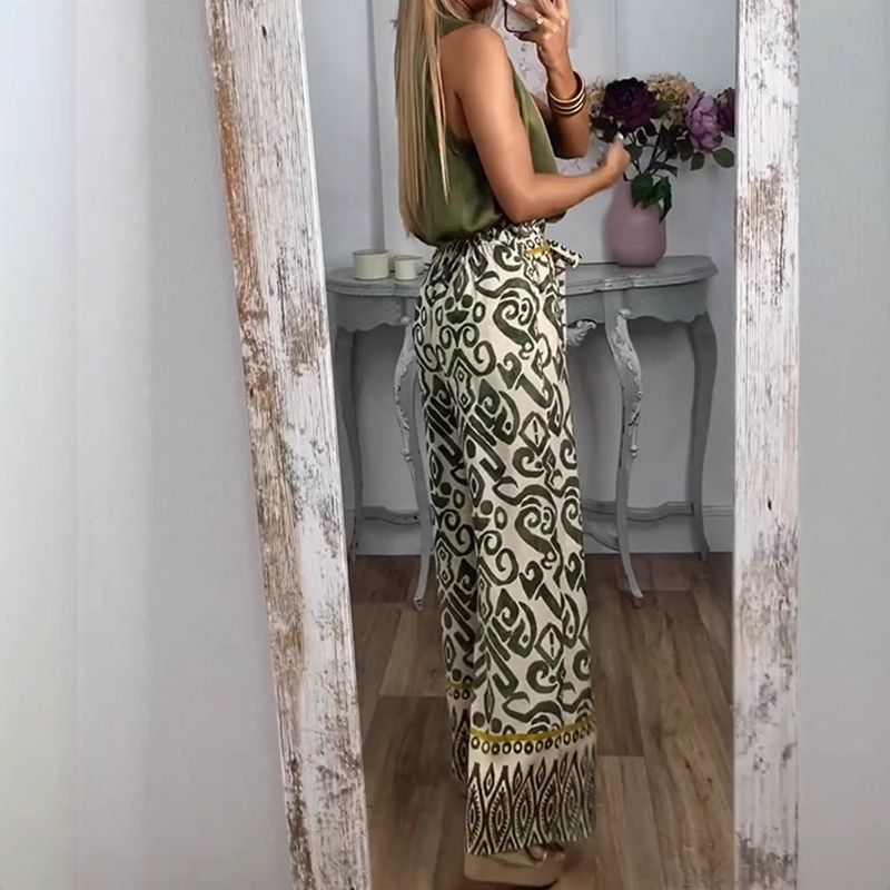 Pantaloni larghi casual da donna con cintura stampata, 2025_voghion.com