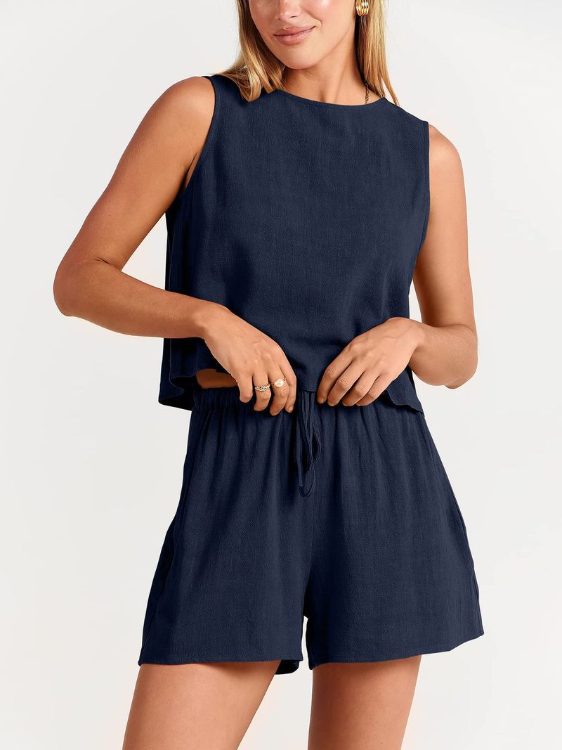 Mode féminine été Europe et États-Unis nouvelles femmes décontractées sans manches couleur unie short en coton et lin en vrac ensemble deux pièces_voghion.com