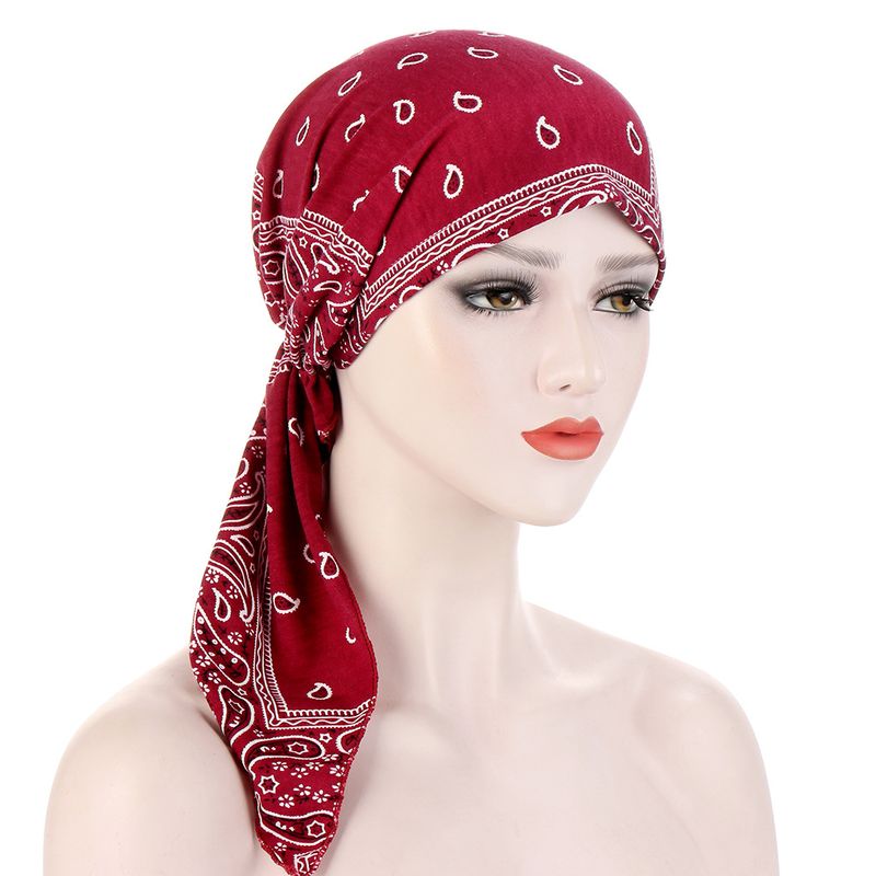 Women's Hats floral cashew flower curved two tail caps Muslim turban caps floral fabric hooded hats in stock_voghion.com
