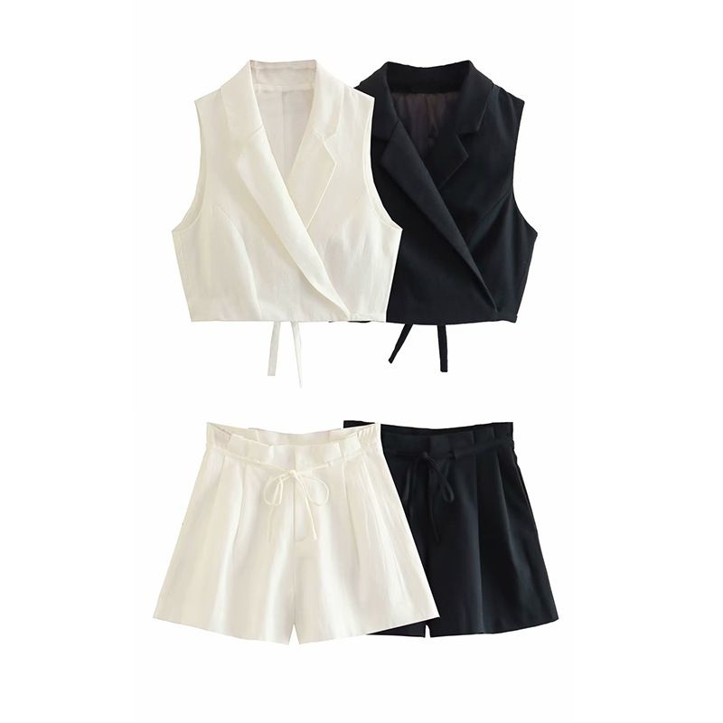 7656 Completo estivo da donna con colletto alla coreana e gilet sottile + pantaloncini casual versatili_voghion.com