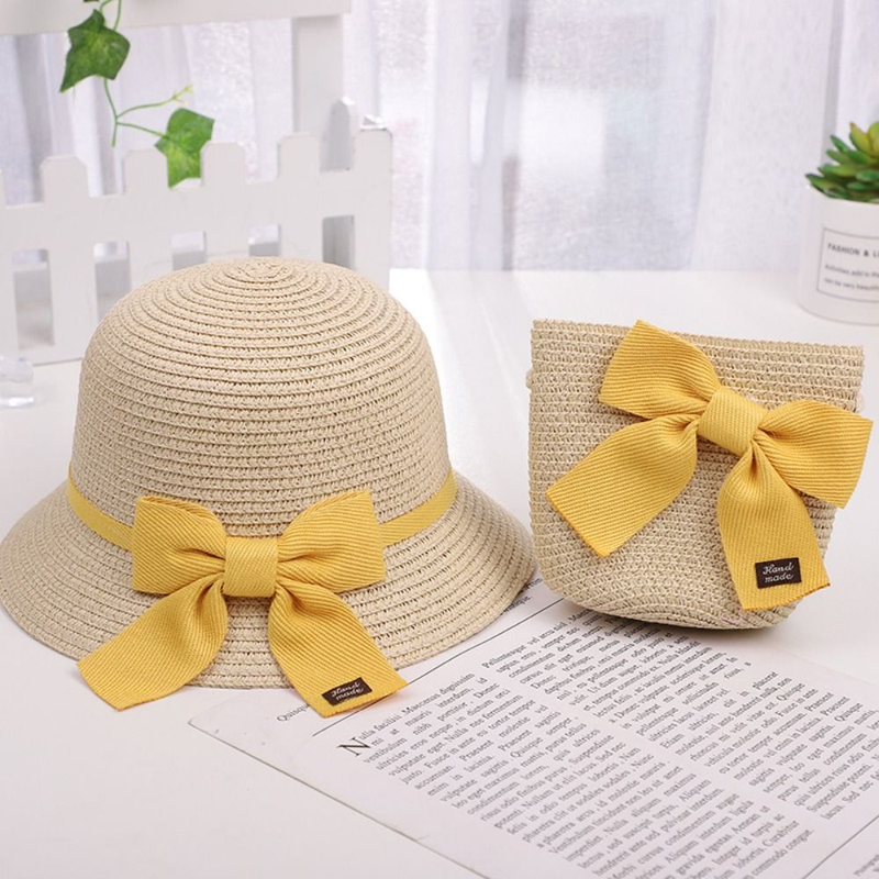 Set di berretti per borsa di paglia estivi per ragazza per 2-6 anni Cappello da sole per bambini Cappello da viaggio per protezione solare Cappello da spiaggia Cappello da pescatore per sole_voghion.com