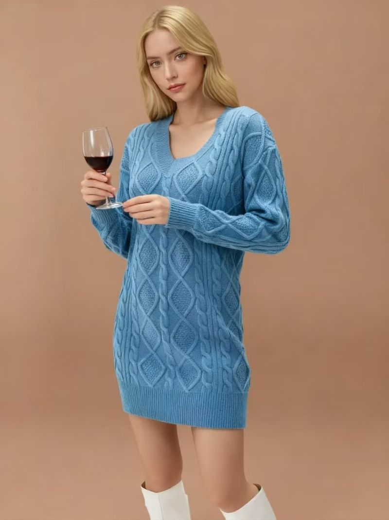 Vestito casual da donna in maglia a trecce, in tinta unita, con scollo a V, di media lunghezza, autunno inverno 2025_voghion.com