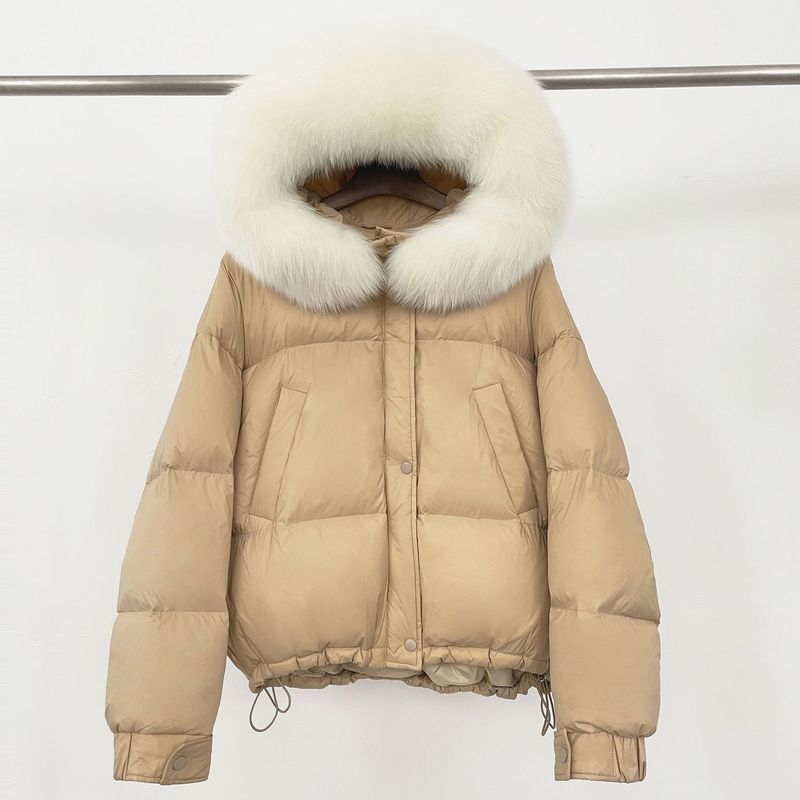 Piumino corto invernale da donna con cappuccio di pelliccia staccabile - 85% piumino d'anatra bianca, vestibilità ampia e spessa, ricamo 3D_voghion.com
